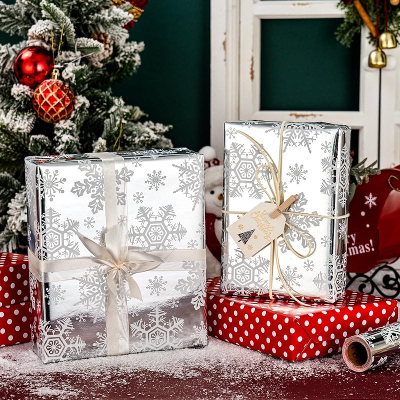 Yarcony Reversible Christmas Wrapping Paper, Silver Snowflakes Wrapping Paper, Minimalist Festive Winter Snowflake Christmas Gift Wrap w/Glossy Foil-Like Shine for Holiday Presents (17 Inch X 33 Feet) - Image 5